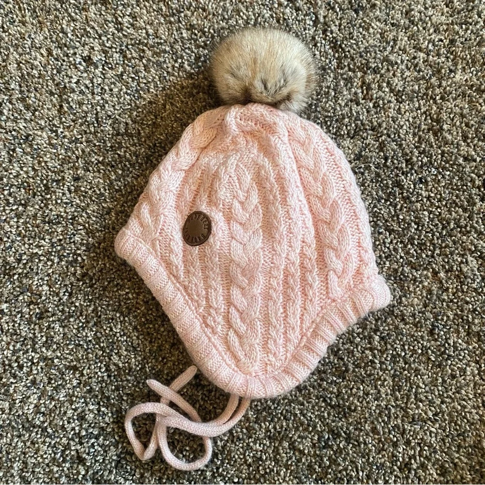 NEW! Baby Beanie Hat Infant Earflap Cap with Pom Pom Polyester Lined Pink